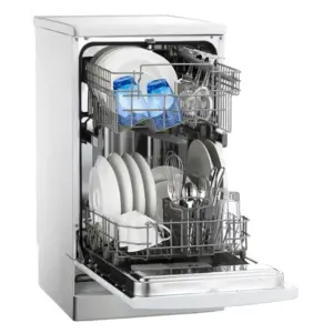 Expert repairing a built-in dishwasher with water leak issue